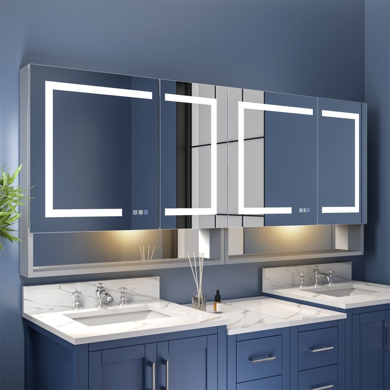 Allsumhome Ample 72" W x 32" H LED Lighted Mirror Chrome Medicine Cabinet with Shelves for Bathroom Recessed or Surface Mount